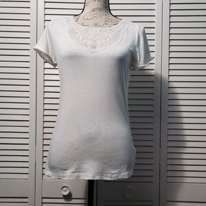 Juicy Couture T-Shirt Women's Size XS Ivory Lace Inset Short Sleeve‎ Semi Sheer